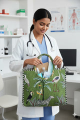 Handblock Printed Cotton Tote Bag with Unique Moon-Shaped Handle- 14x14x6 inches