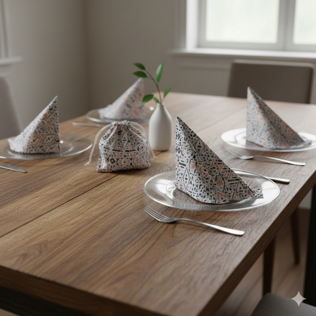 Drawstring bag with 6 hand block printed cotton table napkins