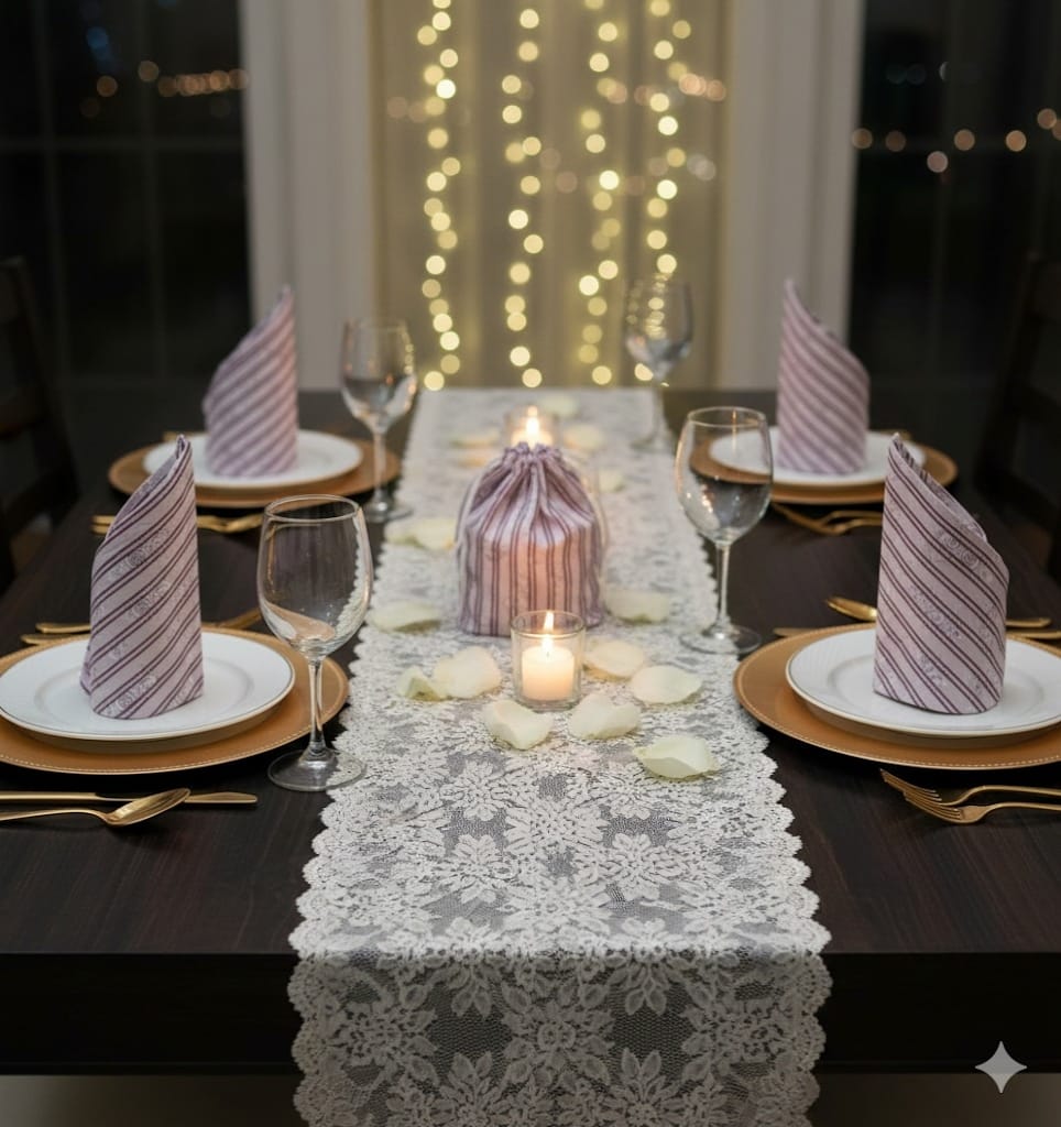 Drawstring bag with 6 hand block printed cotton table napkins
