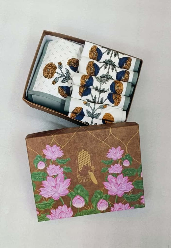 Diwali Gift Box with Handblock Printed Canvas Cotton Table Runner, Set Of 6 Mats & set of 2 Laddoo Candle