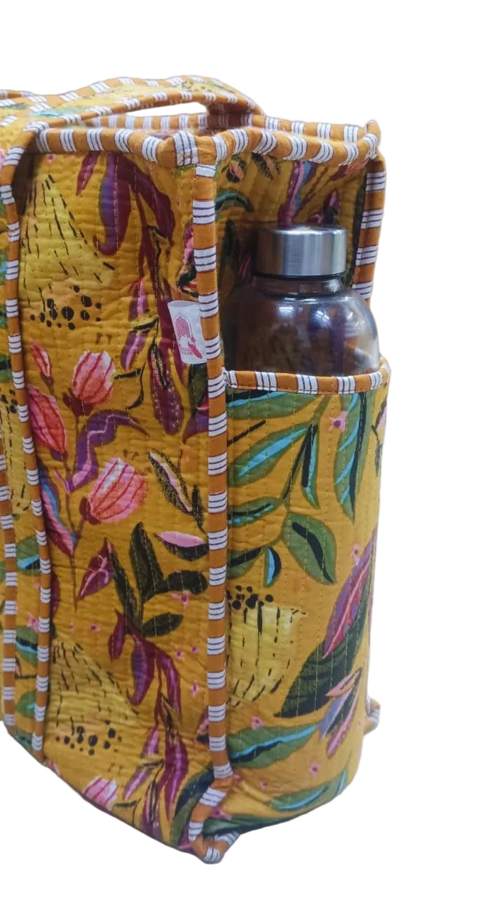 Handblock Printed Quilted Tote Bag with concealed zip ( 17x18x 6 inches)