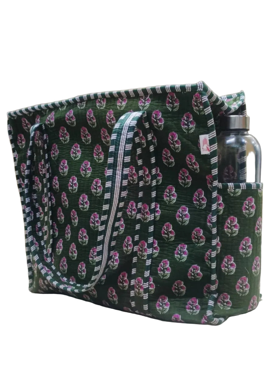 Handblock Printed Quilted Tote Bag with concealed zip ( 17x18x 6 inches)
