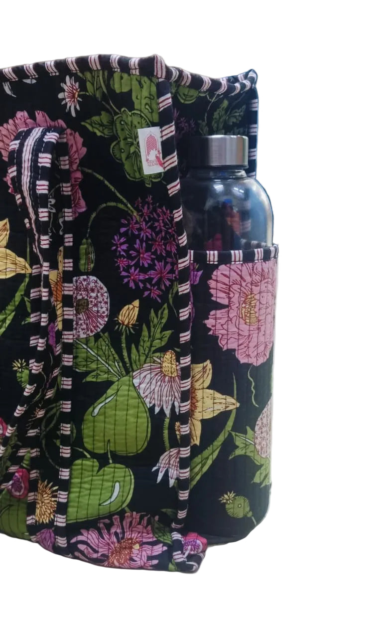 Handblock Printed Quilted Tote Bag with concealed zip ( 17x18x 6 inches)