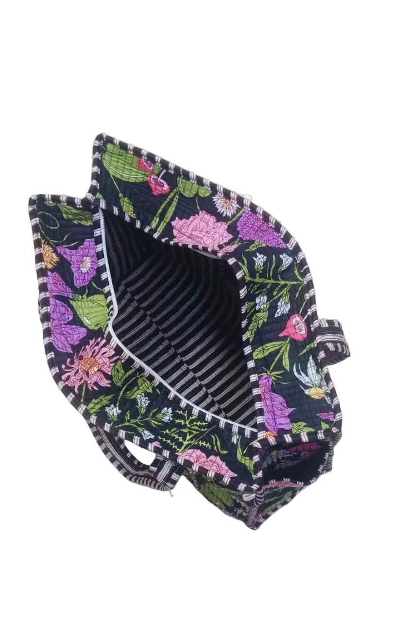 Handblock Printed Quilted Tote Bag with concealed zip ( 17x18x 6 inches)
