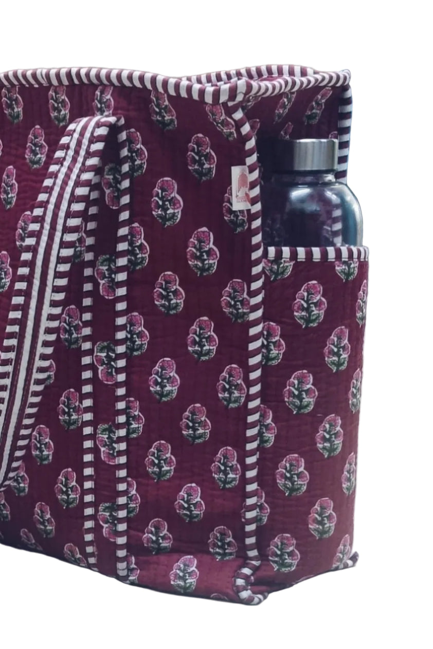 Handblock Printed Quilted Tote Bag with concealed zip ( 17x18x 6 inches)