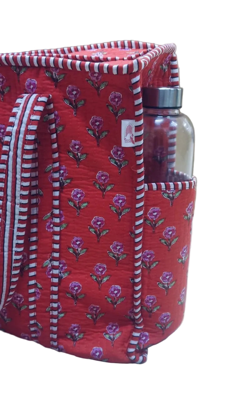 Handblock Printed Quilted Tote Bag with concealed zip ( 17x18x 6 inches)