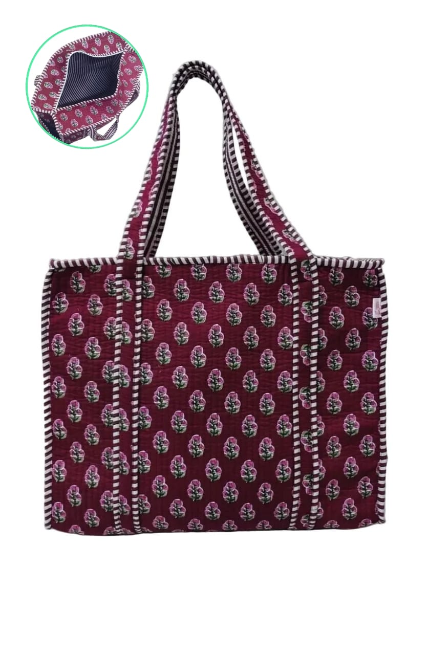 Handblock Printed Quilted Tote Bag with concealed zip ( 17x18x 6 inches)