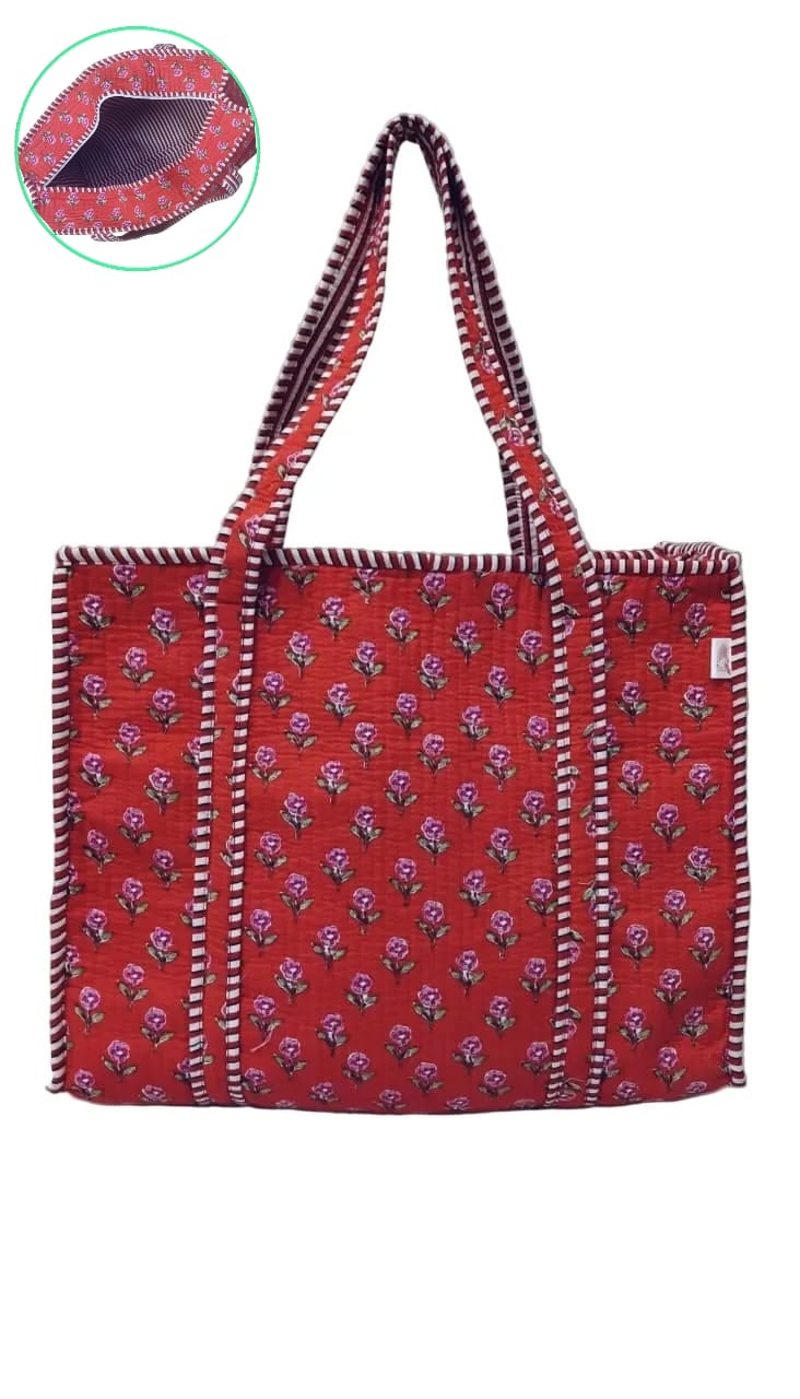Handblock Printed Quilted Tote Bag with concealed zip ( 17x18x 6 inches)