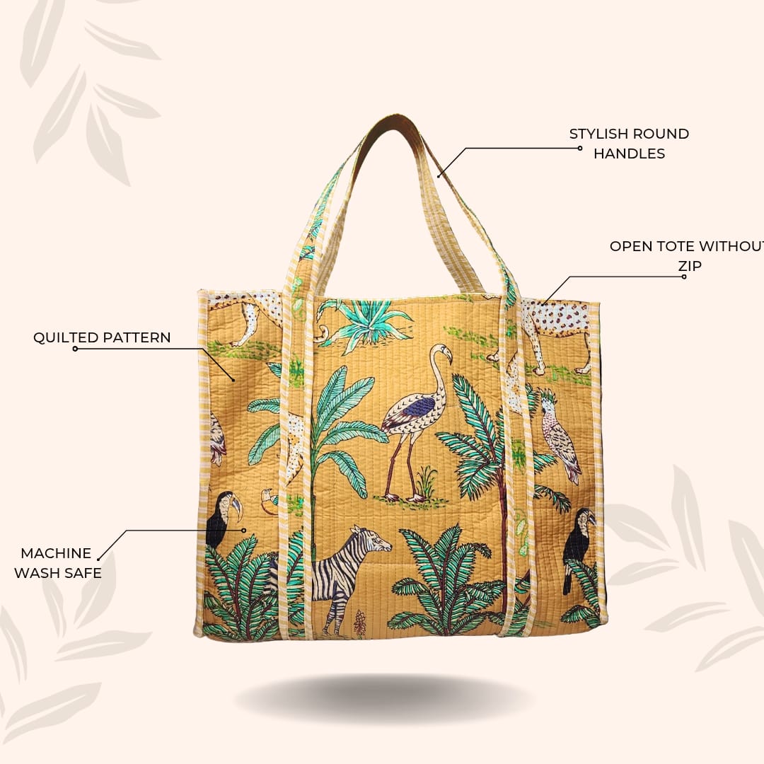 Handblock Printed Quilted Tote Bag without zip/button 17x18x 6 inches