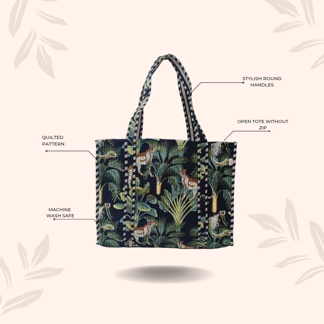 Handblock Printed Quilted Tote Bag without zip/button 17x18x 6 inches