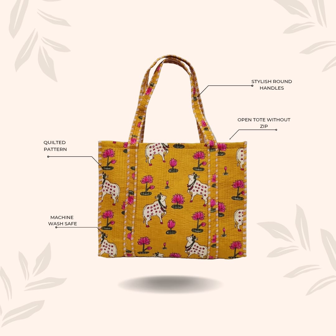 Handblock Printed Quilted Tote Bag without zip/button 17x18x 6 inches
