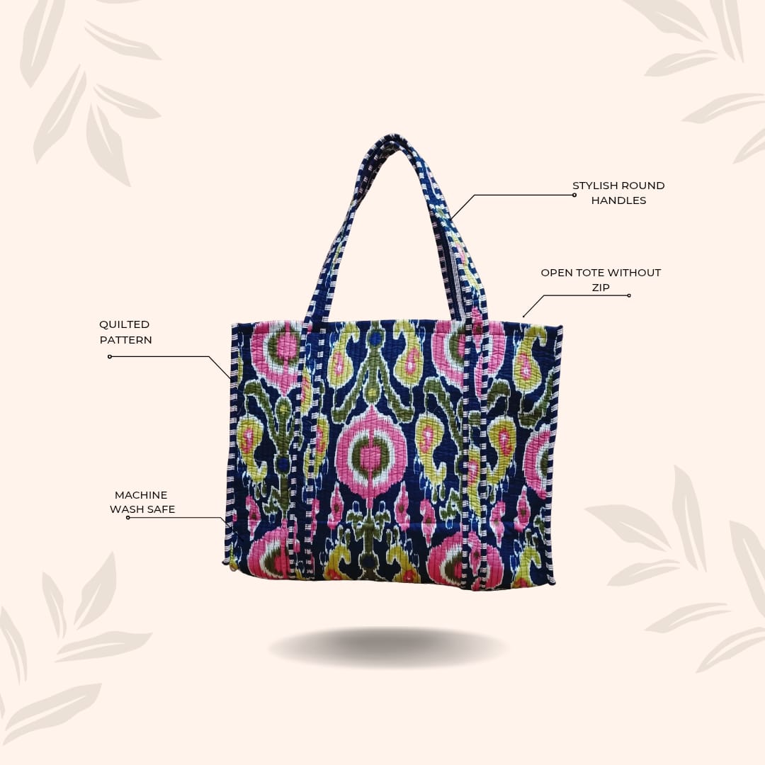 Handblock Printed Quilted Tote Bag without zip/button 17x18x 6 inches