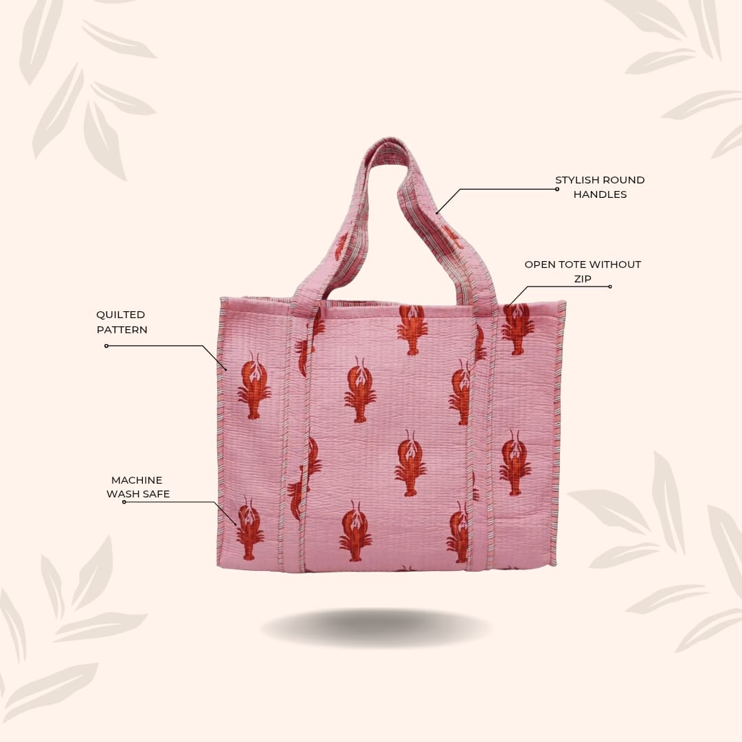 Handblock Printed Quilted Tote Bag without zip/button 17x18x 6 inches