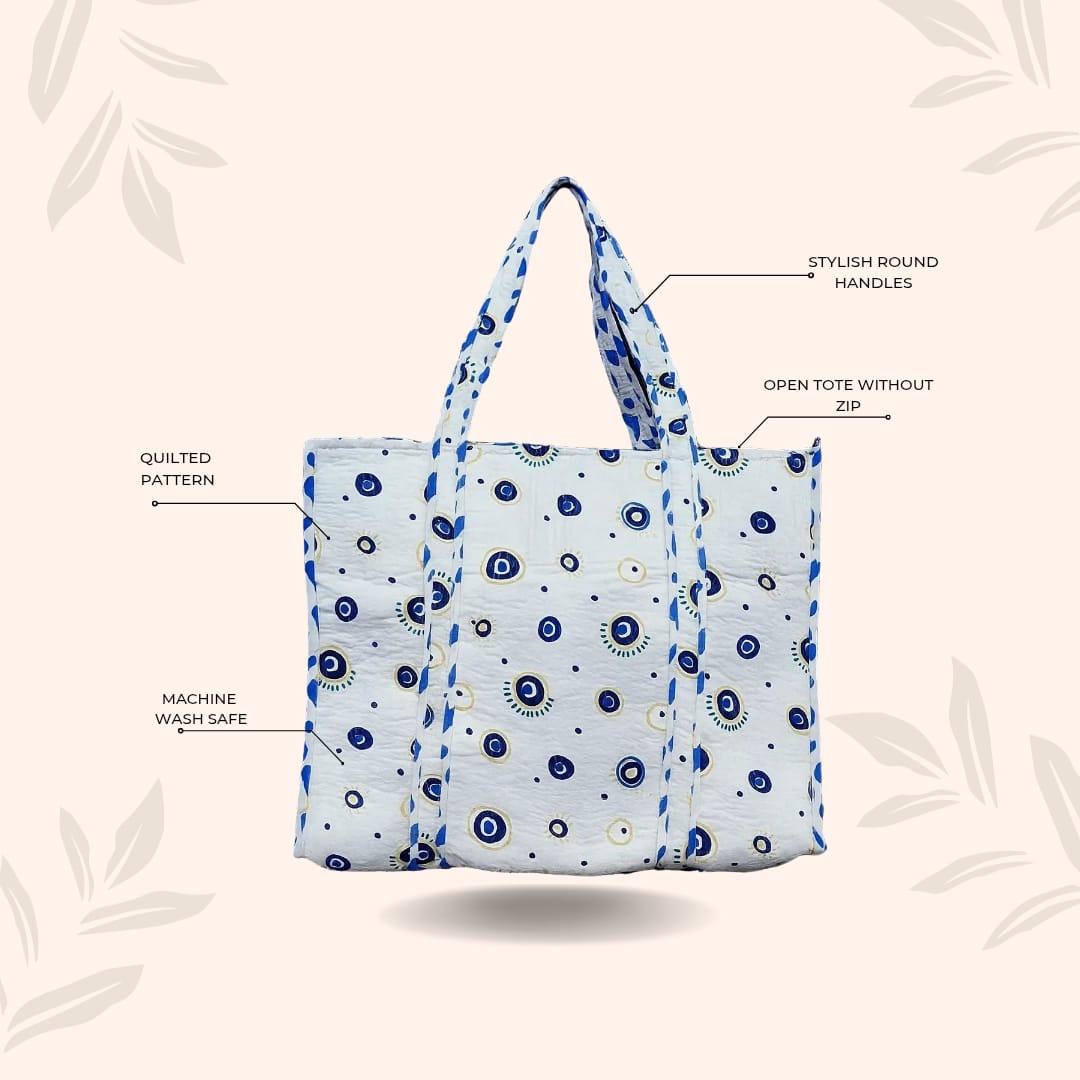 Handblock Printed Quilted Tote Bag without zip/button 17x18x 6 inches