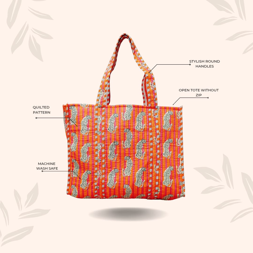 Handblock Printed Quilted Tote Bag without zip/button 17x18x 6 inches