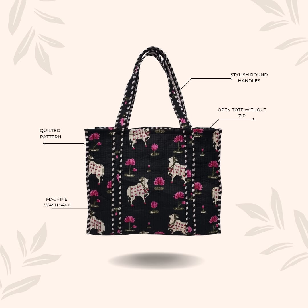 Handblock Printed Quilted Tote Bag without zip/button 17x18x 6 inches