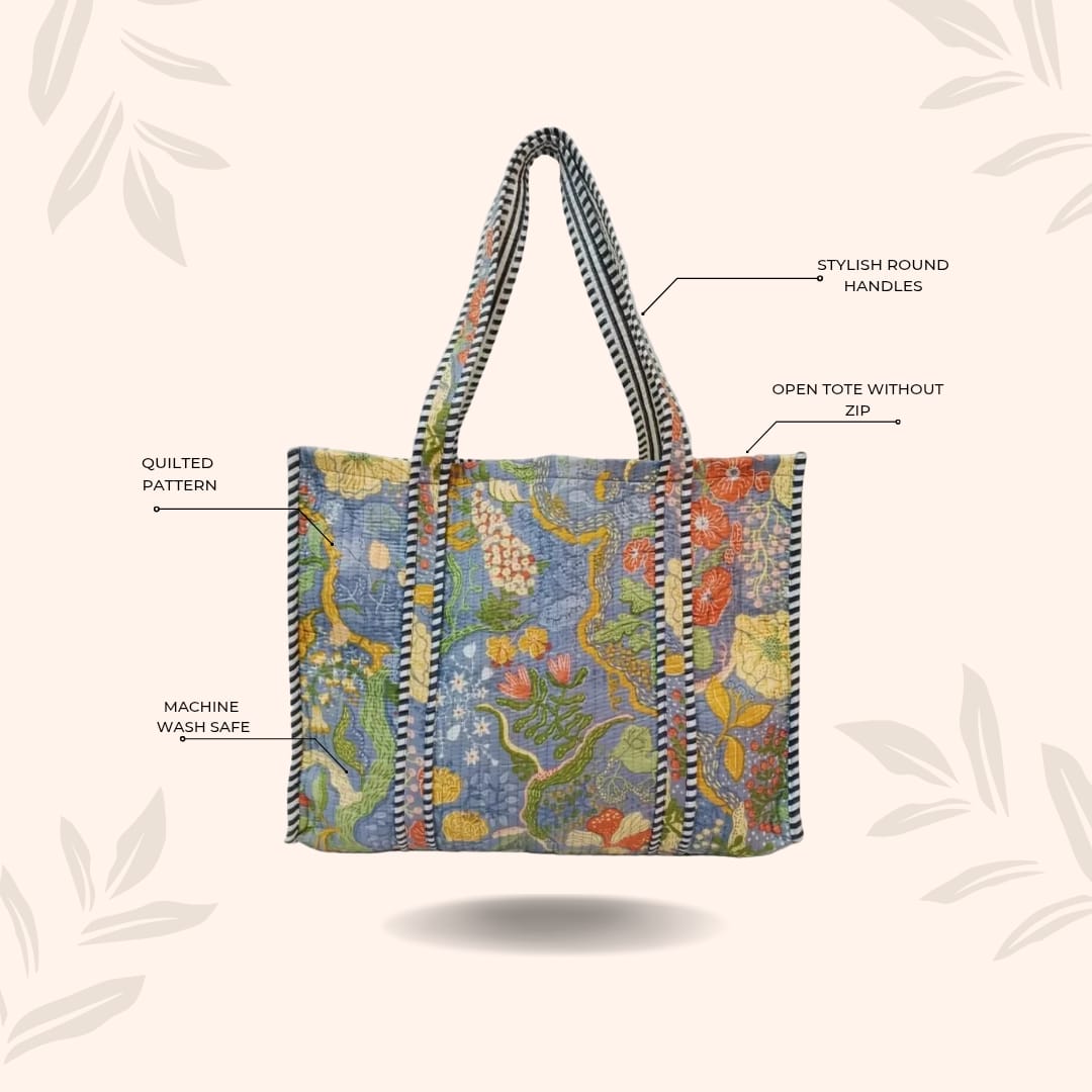 Handblock Printed Quilted Tote Bag without zip/button 17x18x 6 inches