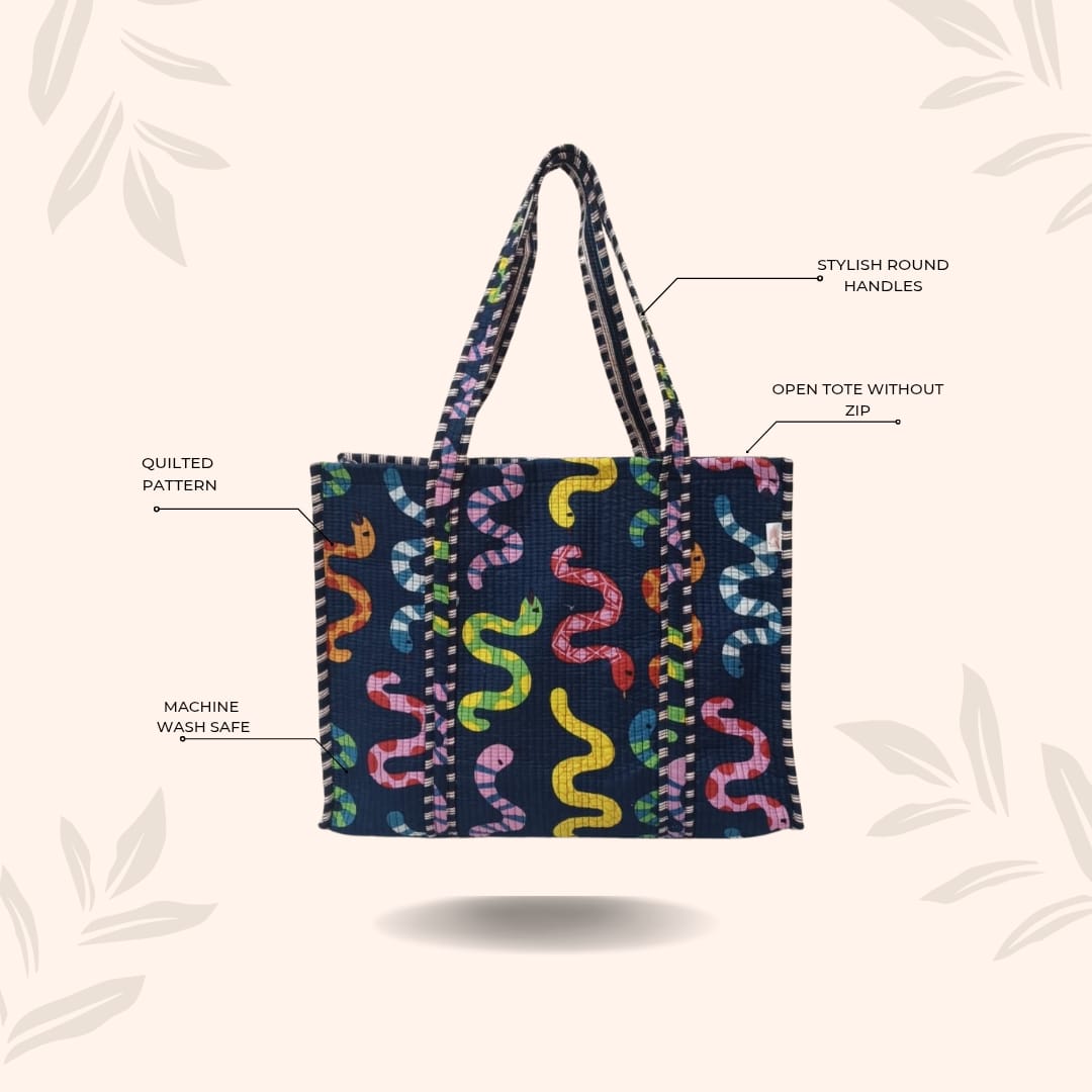 Handblock Printed Quilted Tote Bag without zip/button 17x18x 6 inches