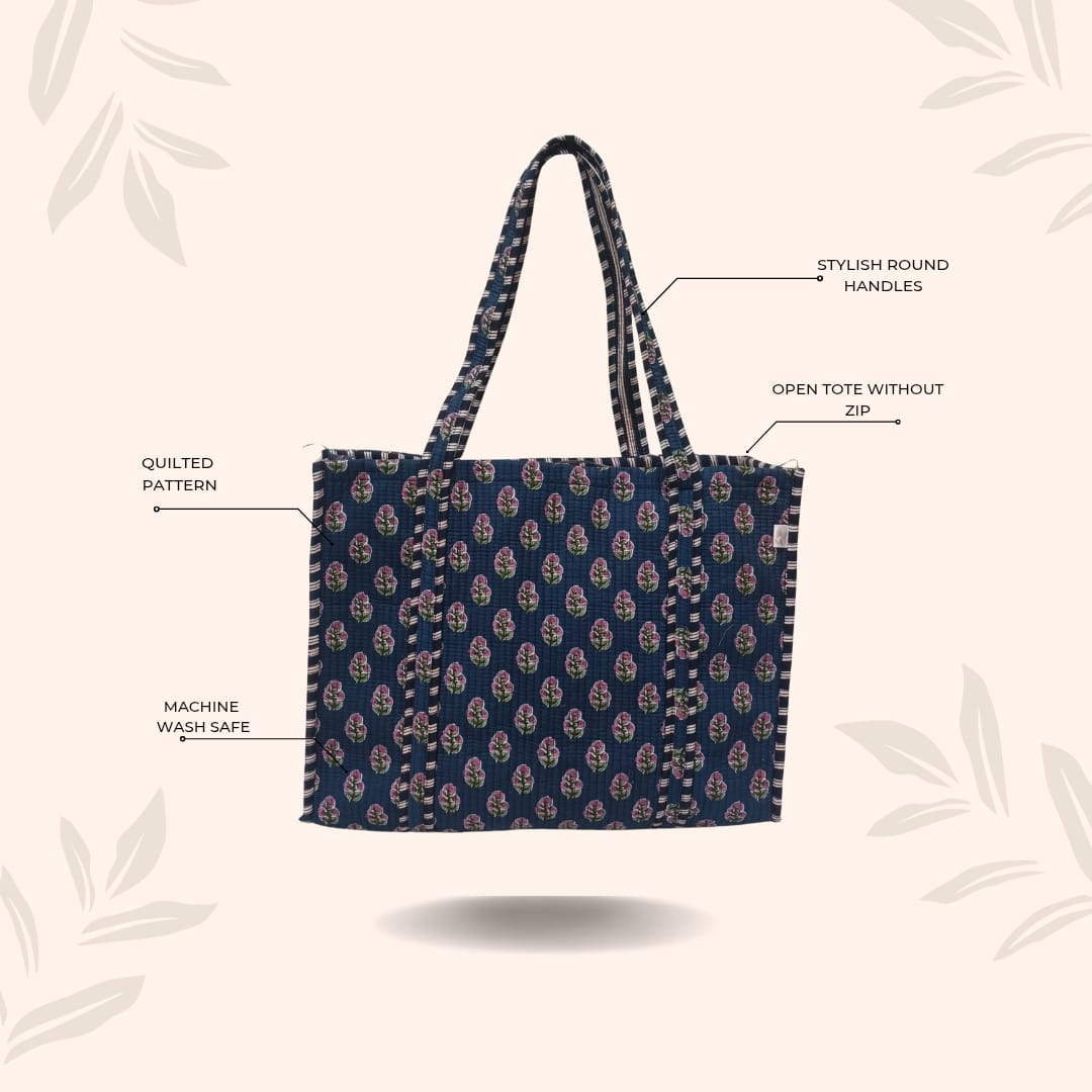 Handblock Printed Quilted Tote Bag without zip/button 17x18x 6 inches