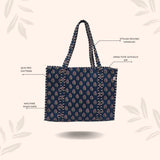 Handblock Printed Quilted Tote Bag without zip/button 17x18x 6 inches