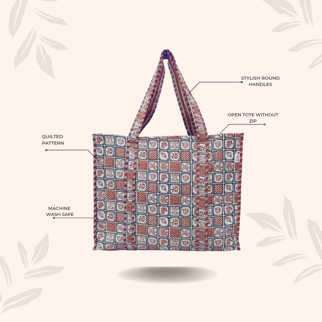 Handblock Printed Quilted Tote Bag without zip/button 17x18x 6 inches