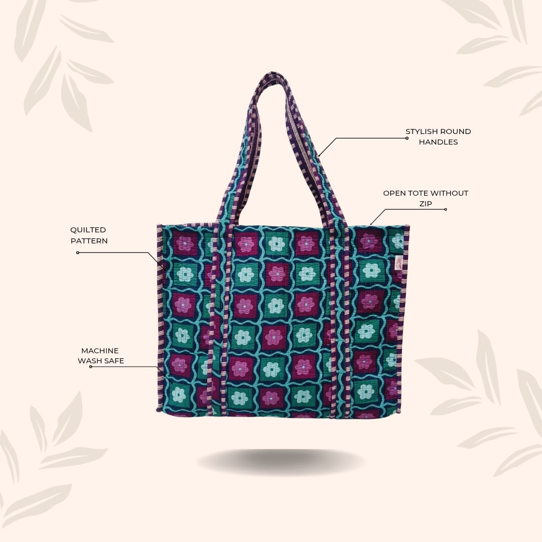 Handblock Printed Quilted Tote Bag without zip/button 17x18x 6 inches