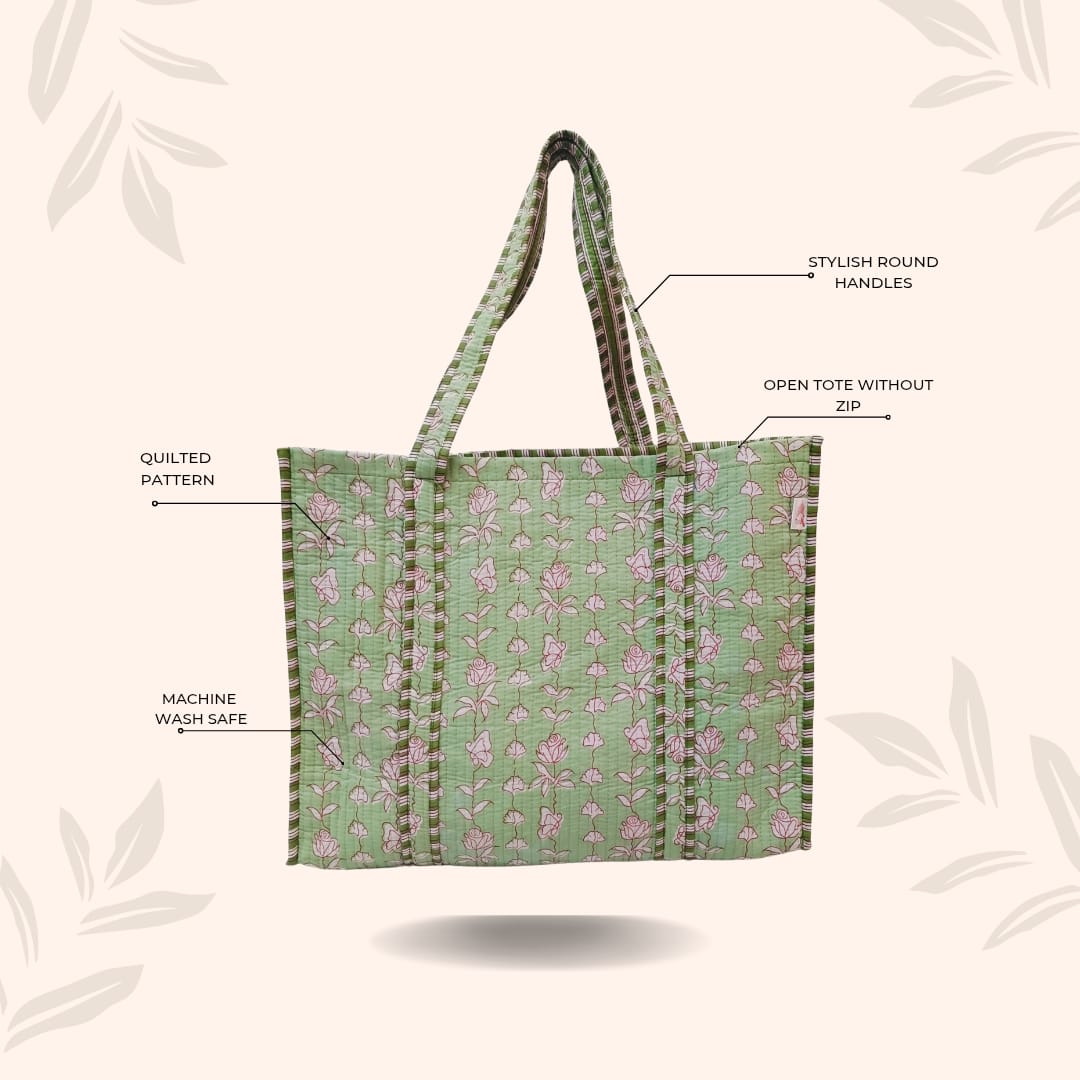 Handblock Printed Quilted Tote Bag without zip/button 17x18x 6 inches