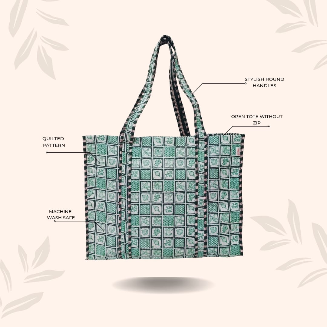 Handblock Printed Quilted Tote Bag without zip/button 17x18x 6 inches