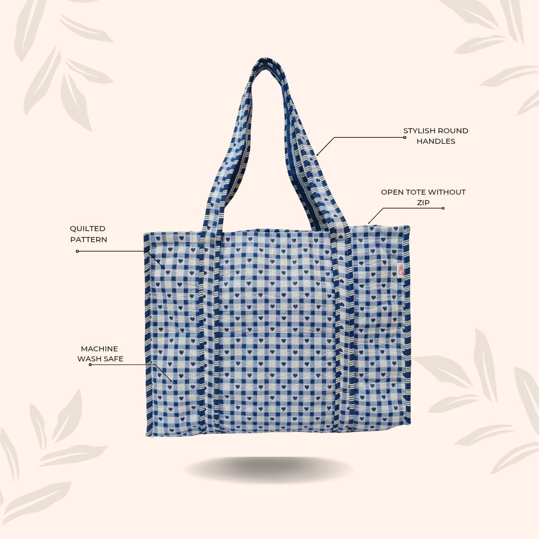 Handblock Printed Quilted Tote Bag without zip/button 17x18x 6 inches