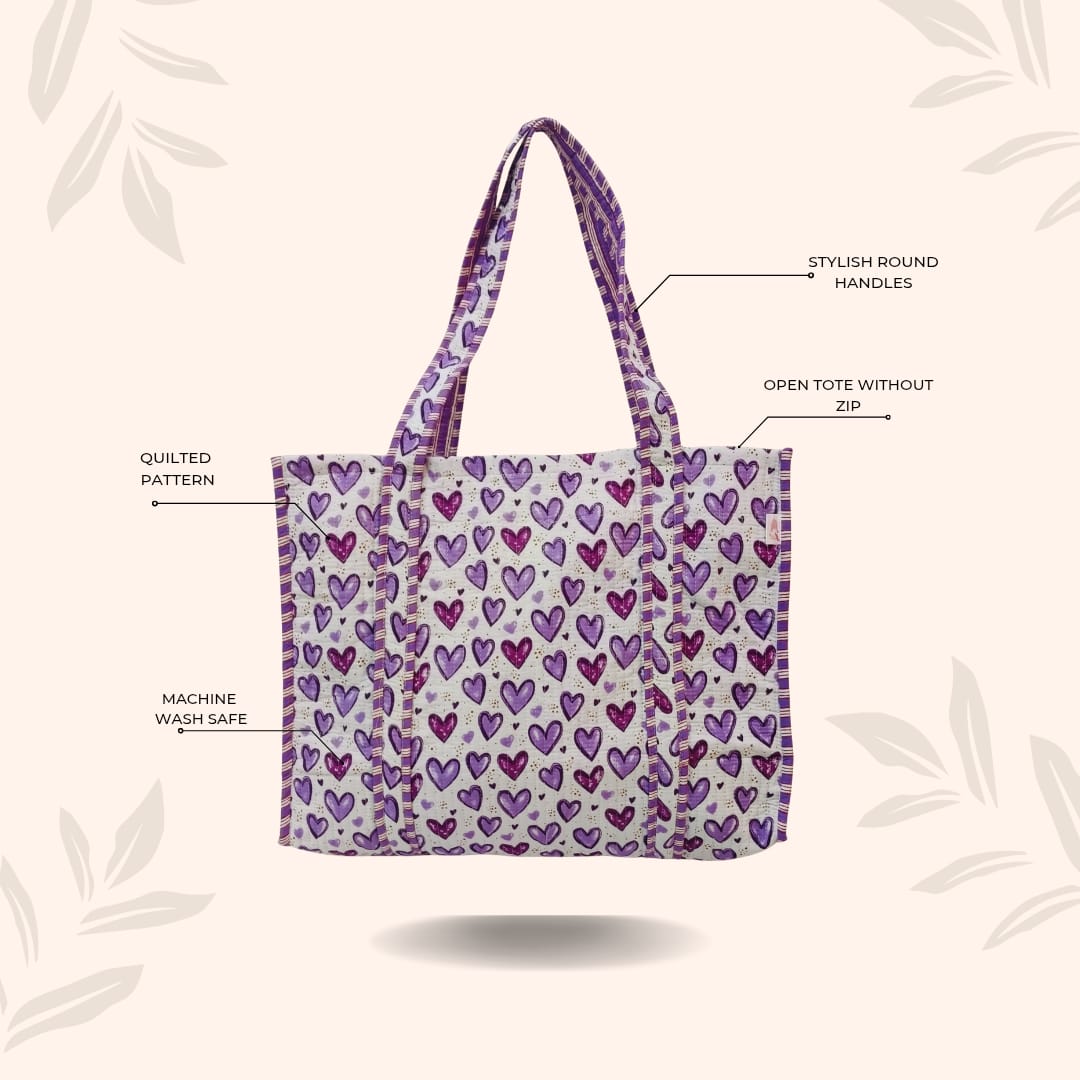 Handblock Printed Quilted Tote Bag without zip/button 17x18x 6 inches
