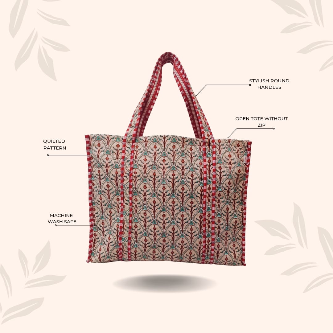Handblock Printed Quilted Tote Bag without zip/button 17x18x 6 inches