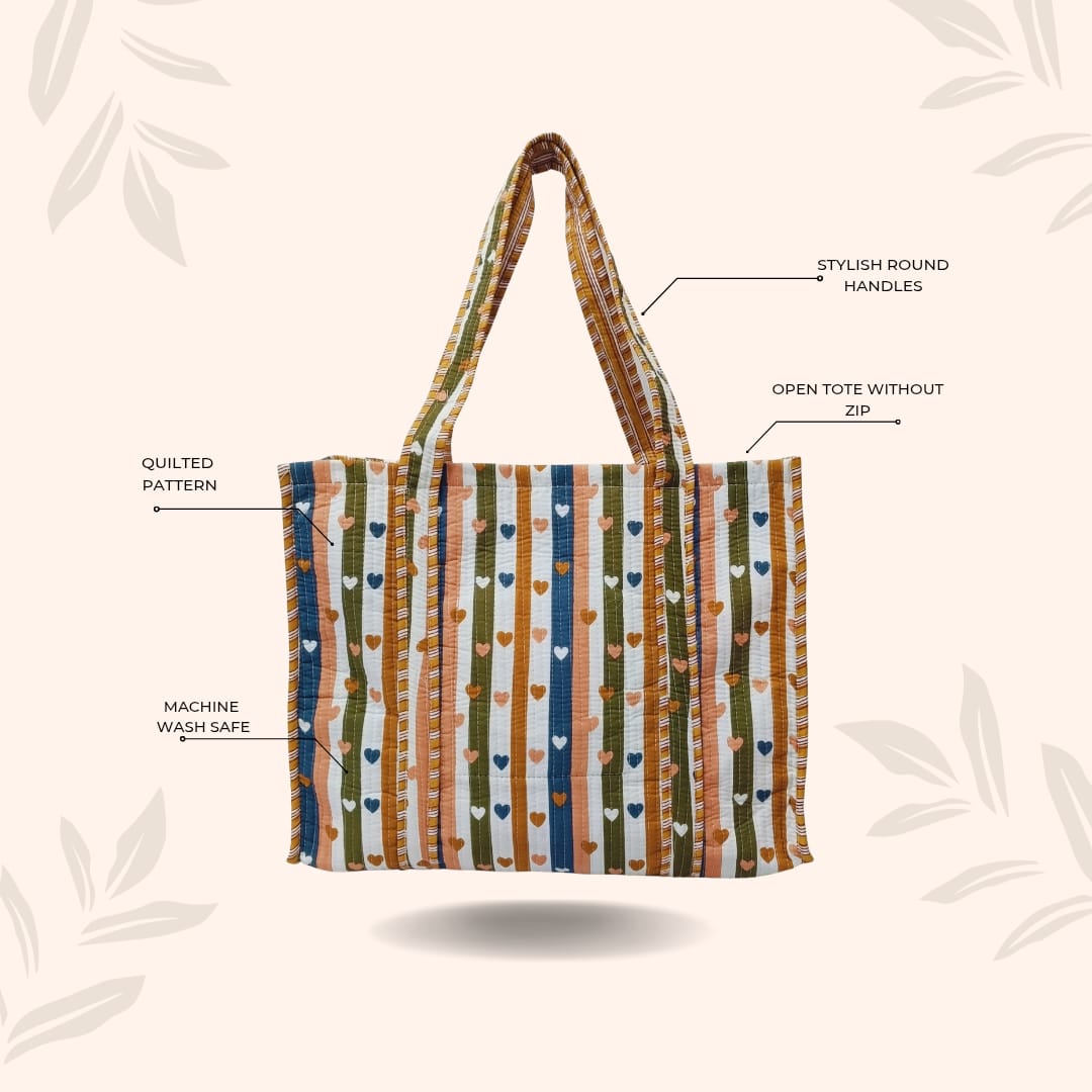 Handblock Printed Quilted Tote Bag without zip/button 17x18x 6 inches