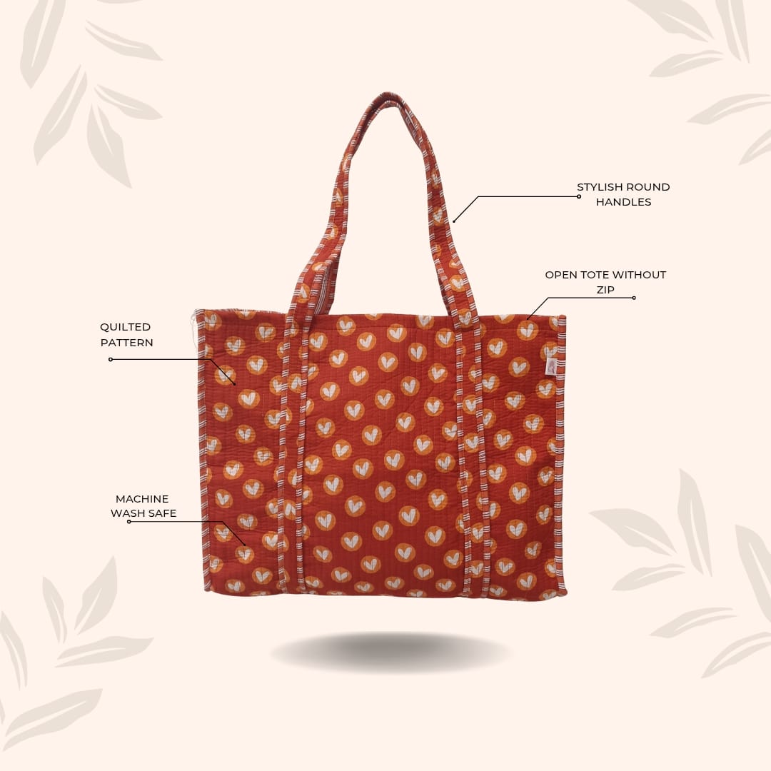 Handblock Printed Quilted Tote Bag without zip/button 17x18x 6 inches