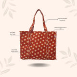 Handblock Printed Quilted Tote Bag without zip/button 17x18x 6 inches