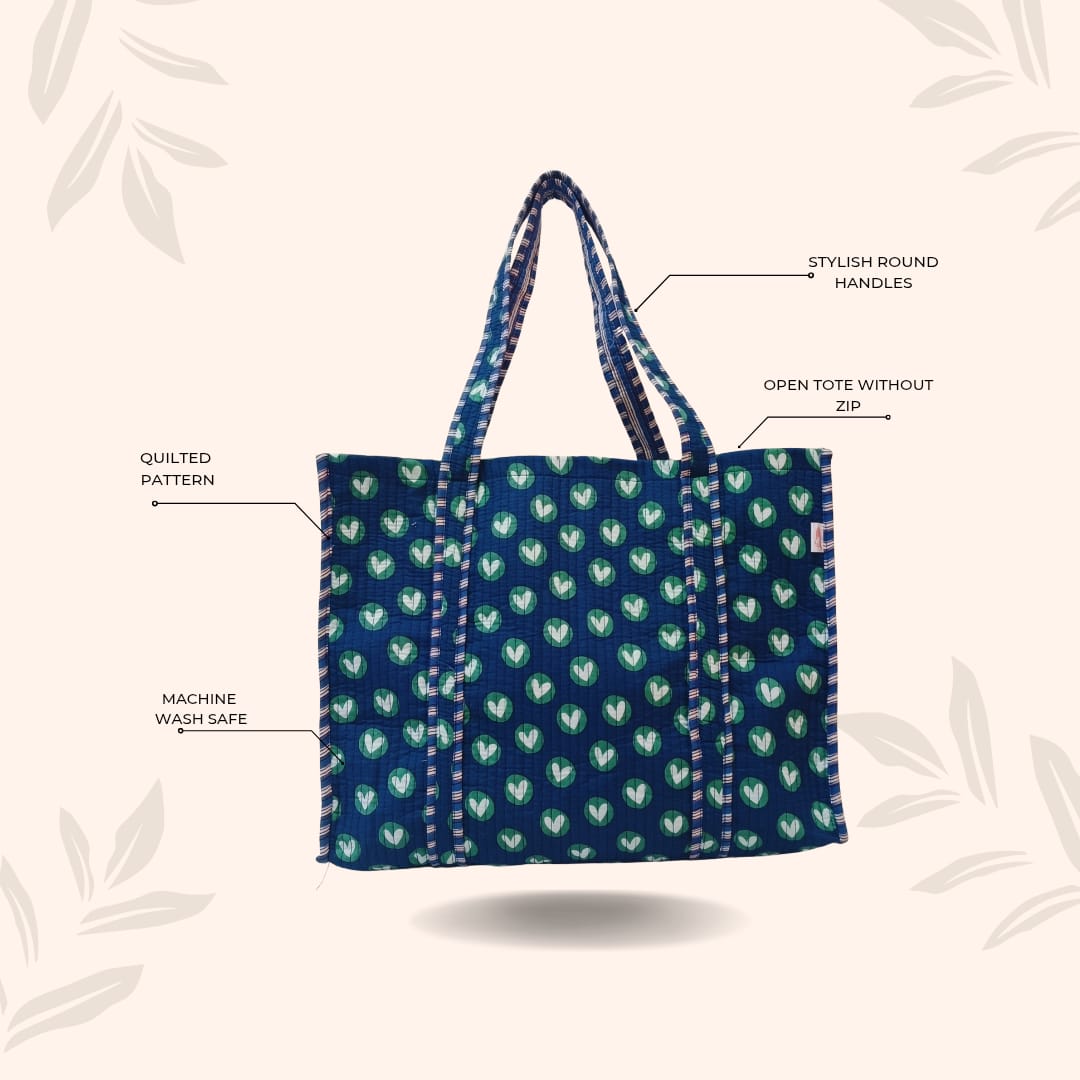 Handblock Printed Quilted Tote Bag without zip/button 17x18x 6 inches