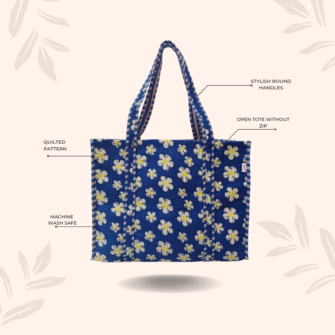 Handblock Printed Quilted Tote Bag without zip/button 17x18x 6 inches