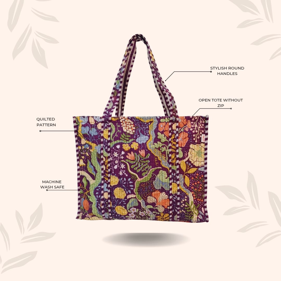 Handblock Printed Quilted Tote Bag without zip/button 17x18x 6 inches