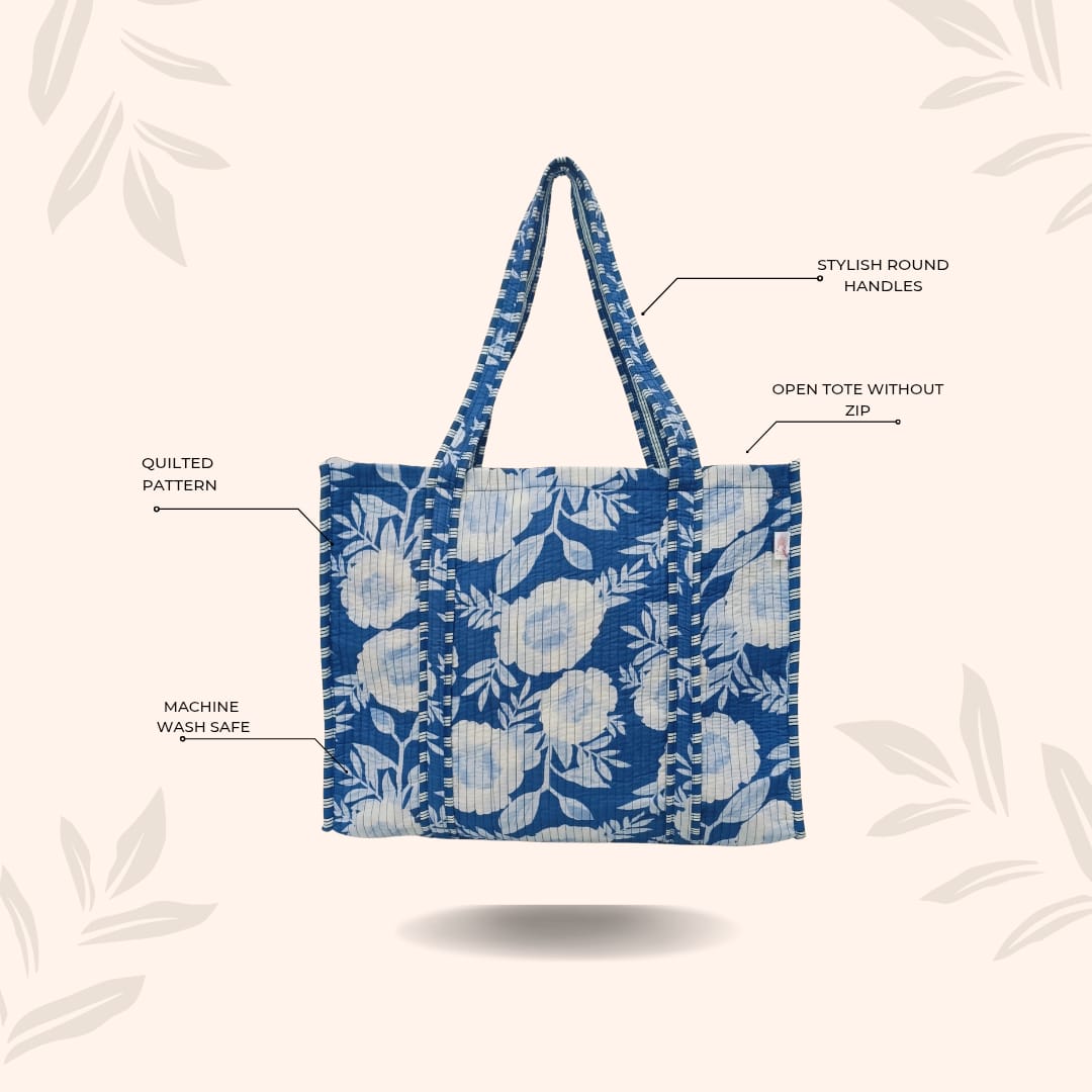Handblock Printed Quilted Tote Bag without zip/button 17x18x 6 inches