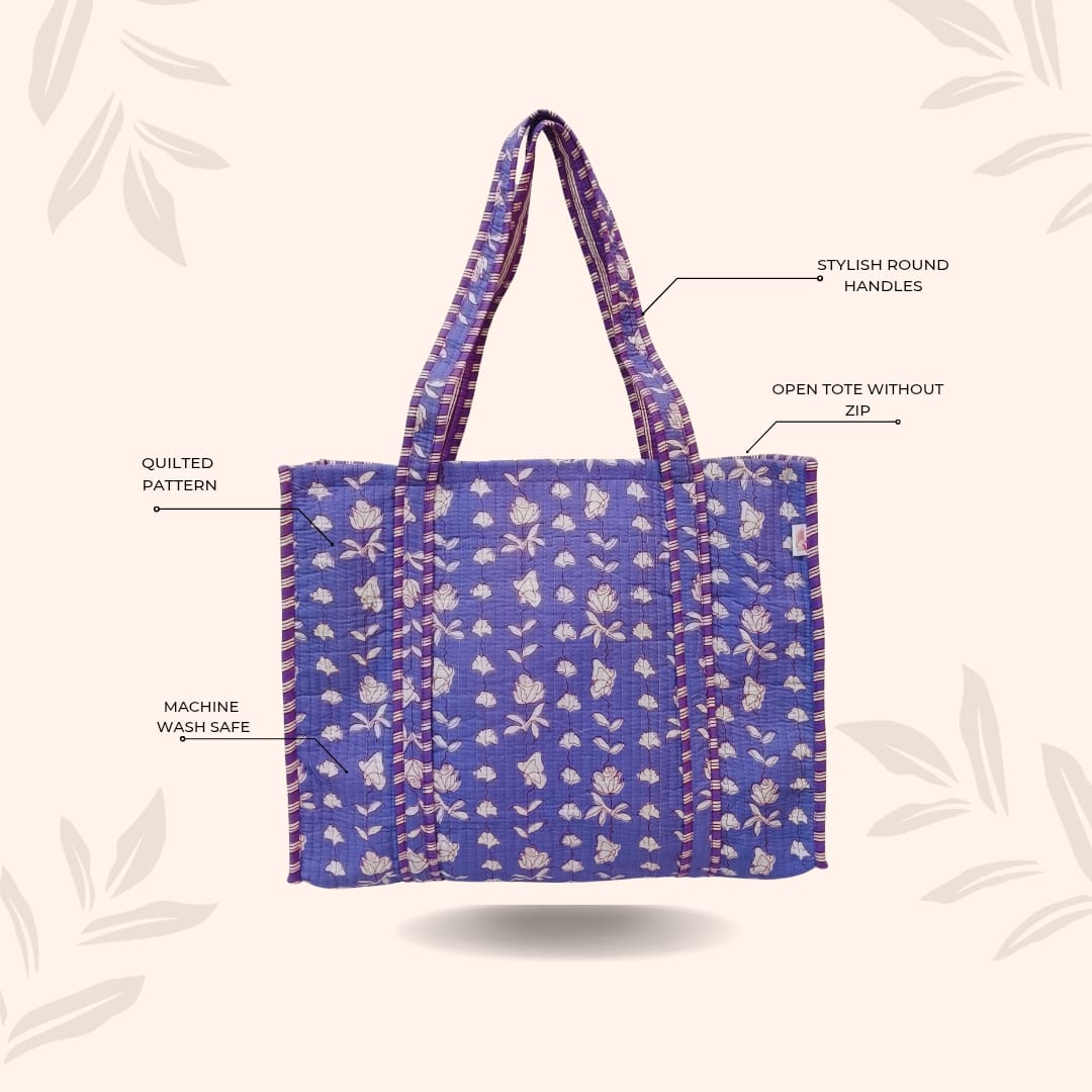 Handblock Printed Quilted Tote Bag without zip/button 17x18x 6 inches