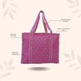 Handblock Printed Quilted Tote Bag without zip/button 17x18x 6 inches
