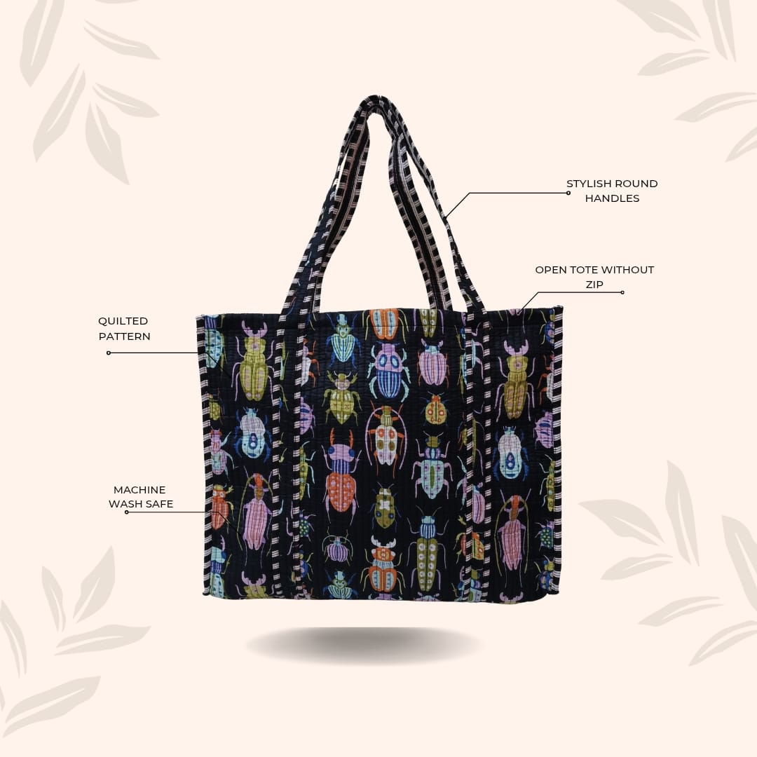 Handblock Printed Quilted Tote Bag without zip/button 17x18x 6 inches