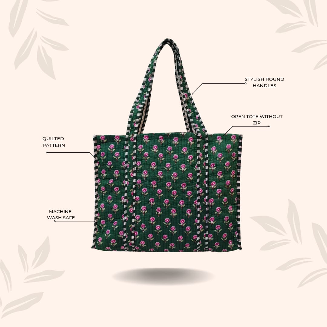 Handblock Printed Quilted Tote Bag without zip/button 17x18x 6 inches
