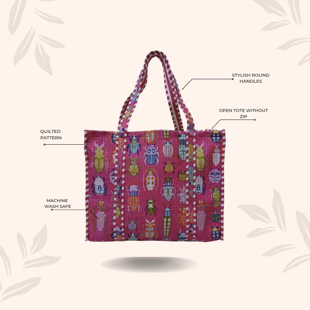 Handblock Printed Quilted Tote Bag without zip/button 17x18x 6 inches