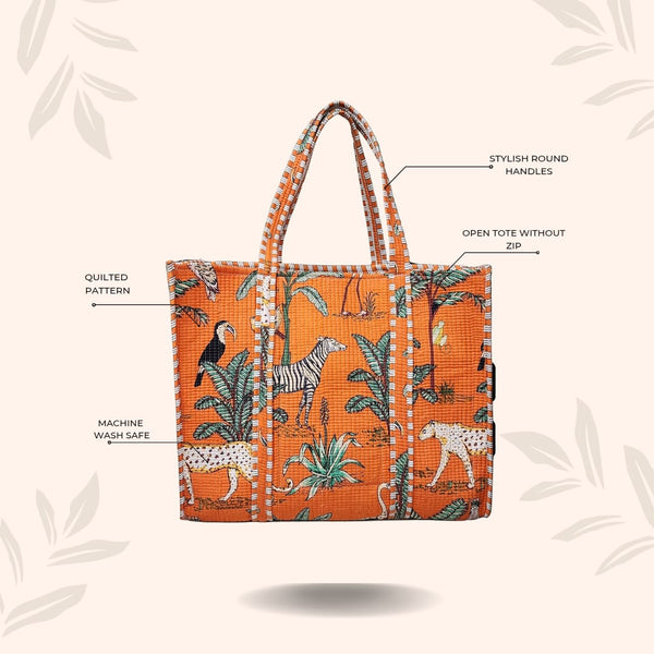 Handblock Printed Quilted Tote Bag without zip/button 17x18x 6 inches