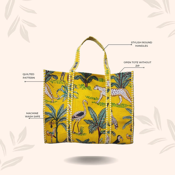Handblock Printed Quilted Tote Bag without zip/button 17x18x 6 inches