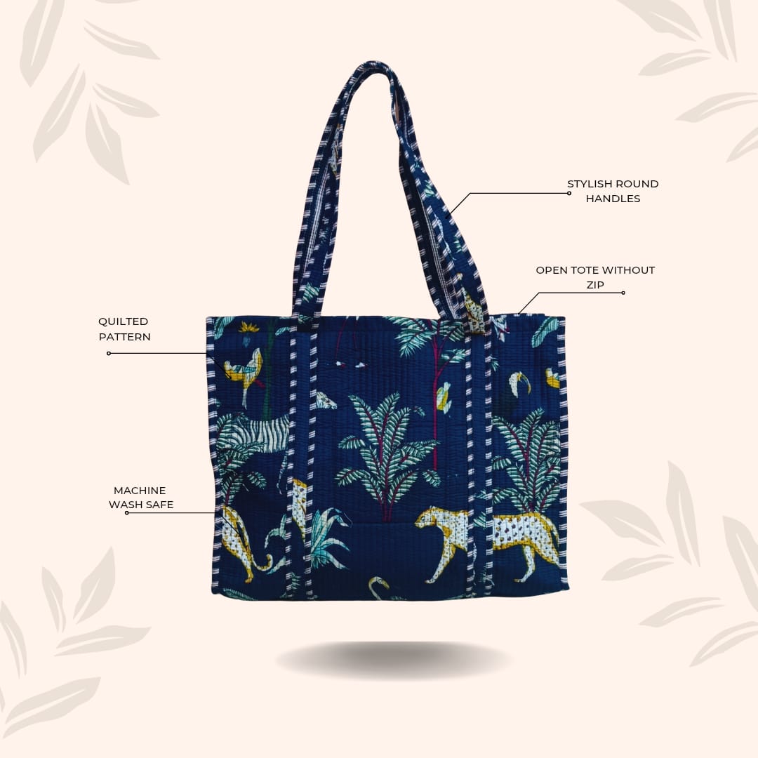 Handblock Printed Quilted Tote Bag without zip/button 17x18x 6 inches