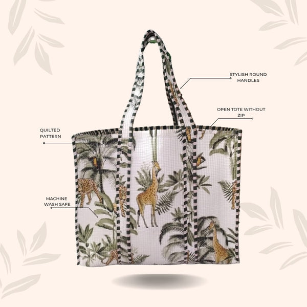 Handblock Printed Quilted Tote Bag without zip/button 17x18x 6 inches
