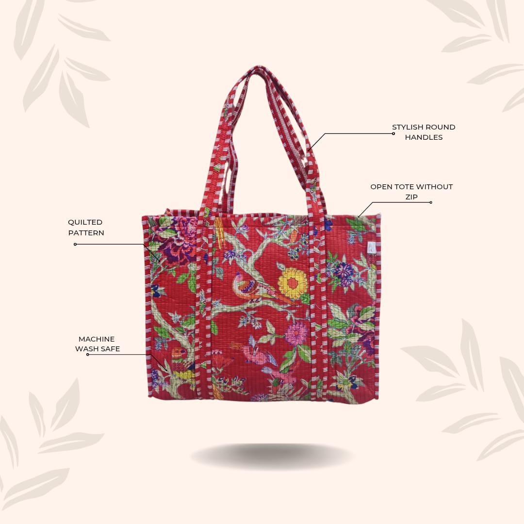 Handblock Printed Quilted Tote Bag without zip/button 17x18x 6 inches