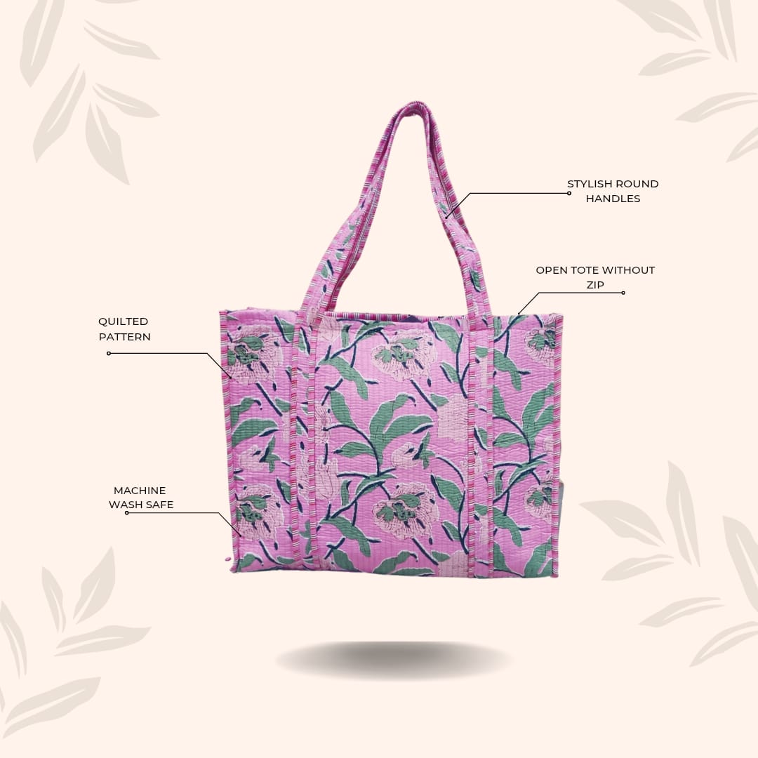 Handblock Printed Quilted Tote Bag without zip/button 17x18x 6 inches