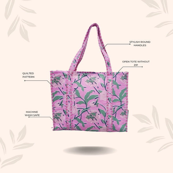 Handblock Printed Quilted Tote Bag without zip/button 17x18x 6 inches